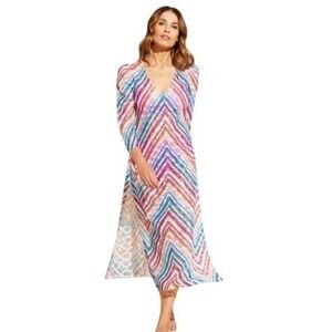 Stylest Size Large Aqua Lace Puff Sleeve Caftan A chic cover-up Dress